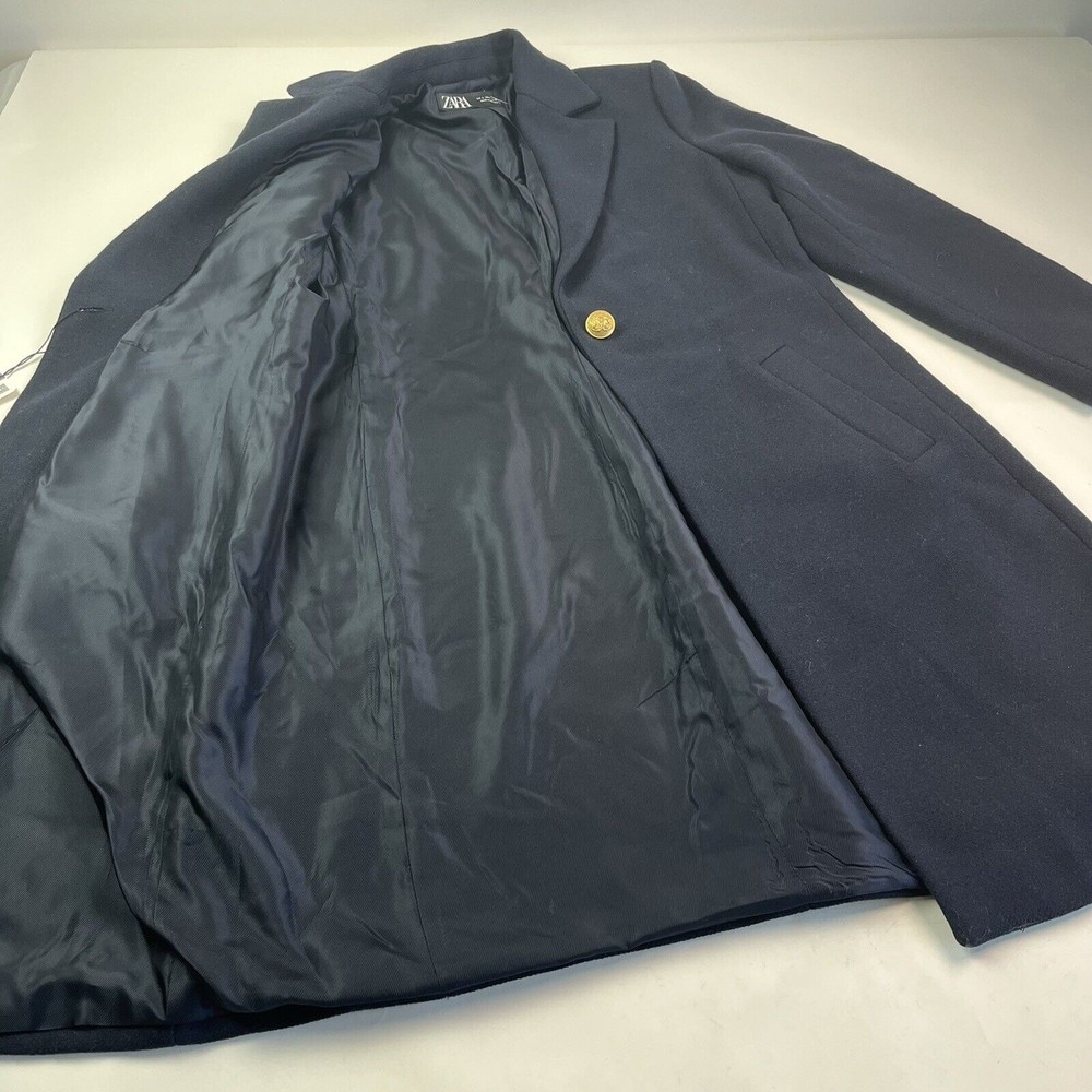 Zara Coat Wool Blend Long Dark Navy Blue One Gold Button Lined Womens L 8367/734 - Picture 10 of 12